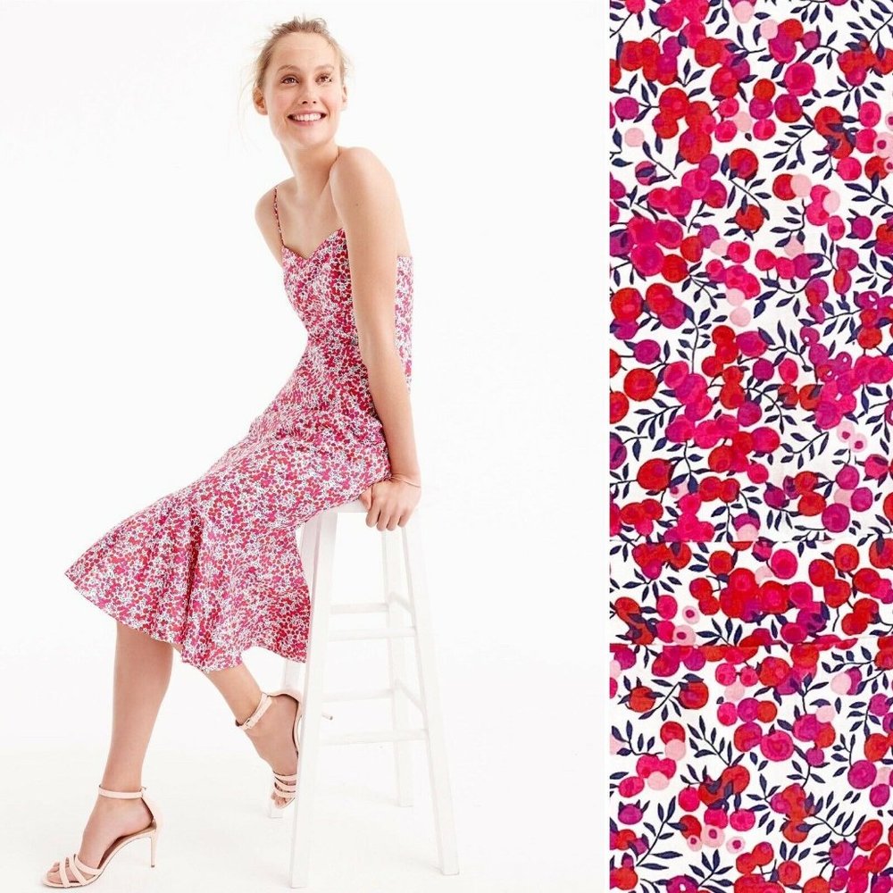 J Crew x Liberty Wiltshire Floral Berry Ruffle Hem Midi Dress 10 Pink Red G3501